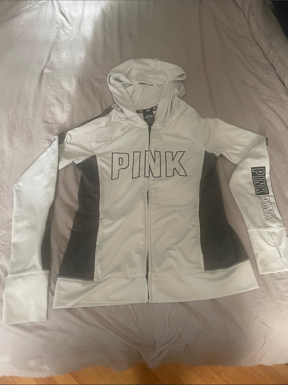 PINK White and Charcoal Sleeve Logo Hoodie